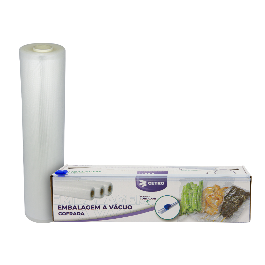 Embalagem a Vácuo 28x500cm Gofrada Transparente em Rolo e Caixa com Cortador