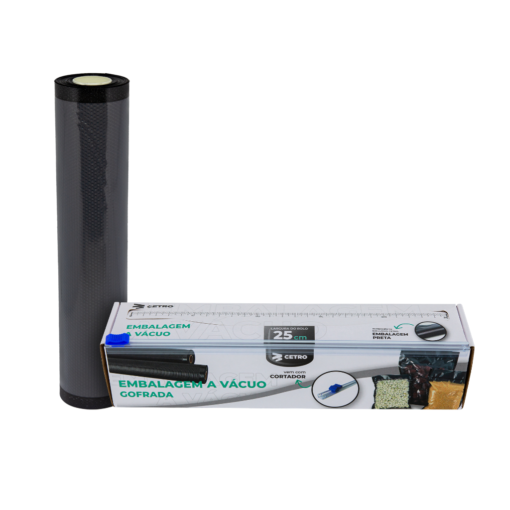 Embalagem a Vácuo 25x500cm Gofrada Preta em Rolo e Caixa com Cortador