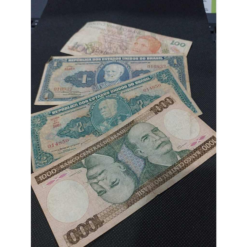 Quarteto de cédula 100 cruzados novos, 1 cruzeiro, 2 cruzeiros, 100 mil cruzeiros