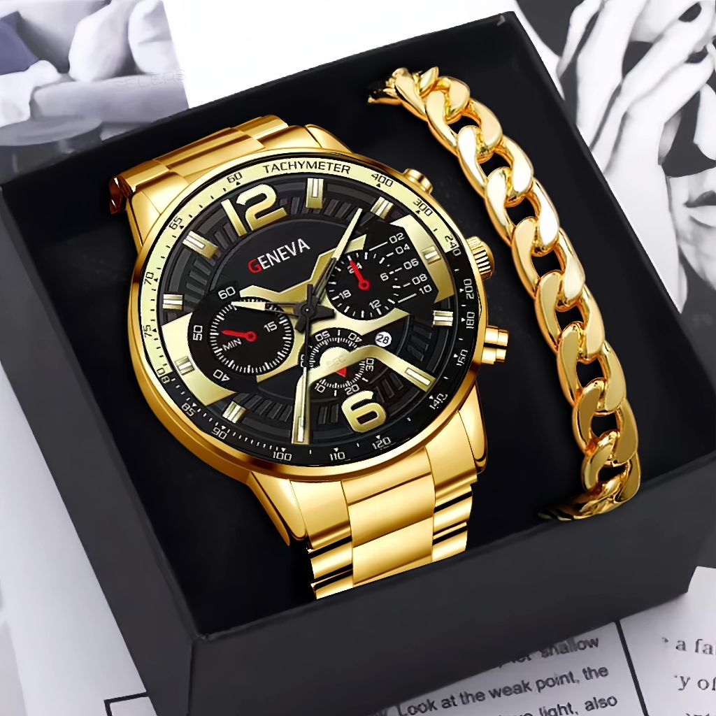 Relógio de quartzo masculino luxuoso cronógrafo à prova d’água dourado esportivo de aço inoxidável