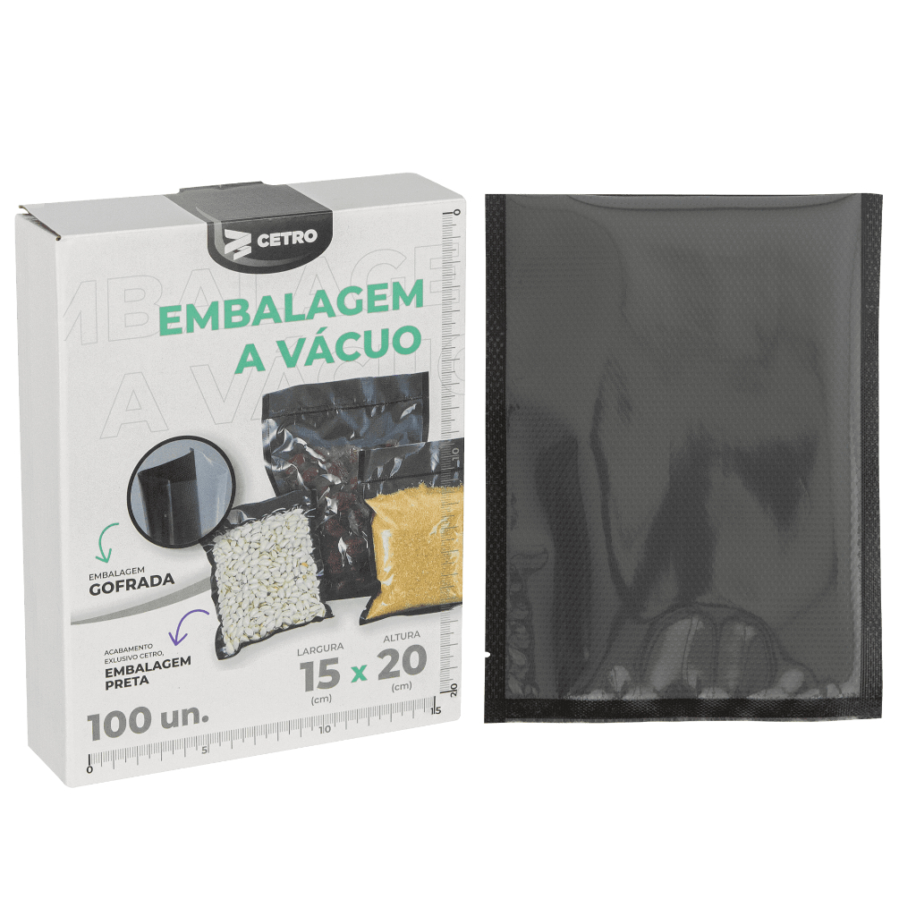 Embalagem a Vácuo 15x20cm - 100 Unidades Gofrada Preta em Sacos Pré-Formados