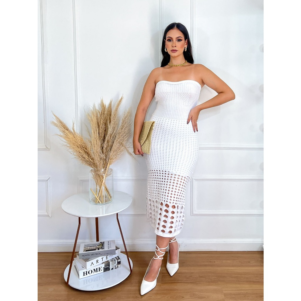 vestido furado tricot modal faixa em Oferta na Shopee