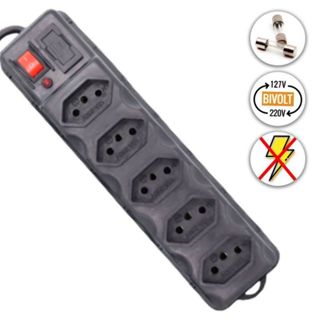 Filtro de Linha Régua de Tomadas 5 Tomadas Elétricas Tripolar 10 Amperes com Fusível de Proteção e Interruptor 110V e 220V Ótima Qualidade Cabo Reforçado