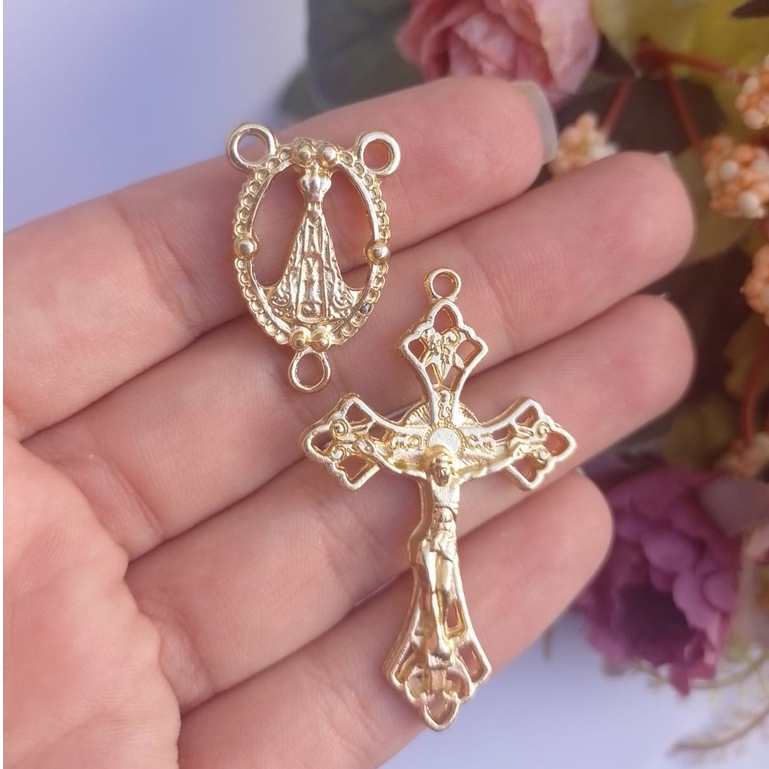 10 Crucifixos + 10 Entremeios para Terços Nossa Senhora Aparecida Dourado - kit para Montagem de Terços - Terços Nossa Senhora em Oferta na Shopee