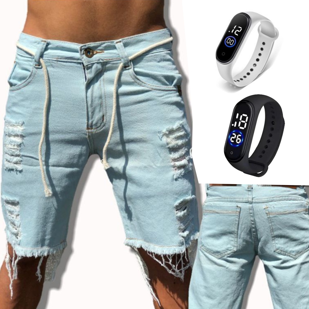 short bermuda jeans masculino rasgado desfiado de qualidade + relogio a prova d'água masculino