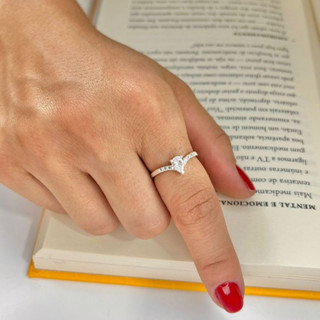Anel Solitario Zirconia Gota Cristal Prata 925 Legitima