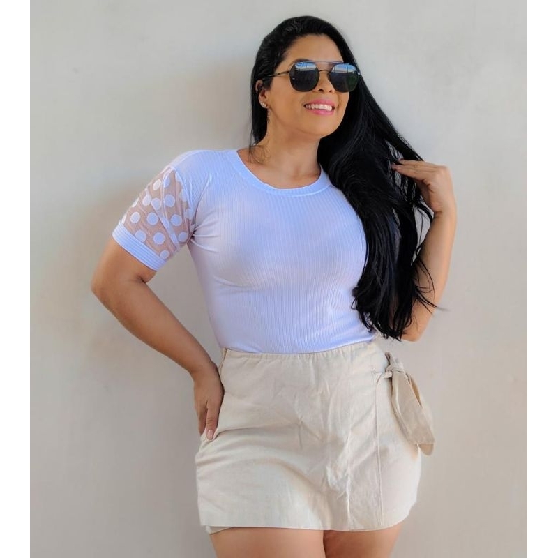 Blusa feminina manga tule blusinha canelada manga pos bolinha