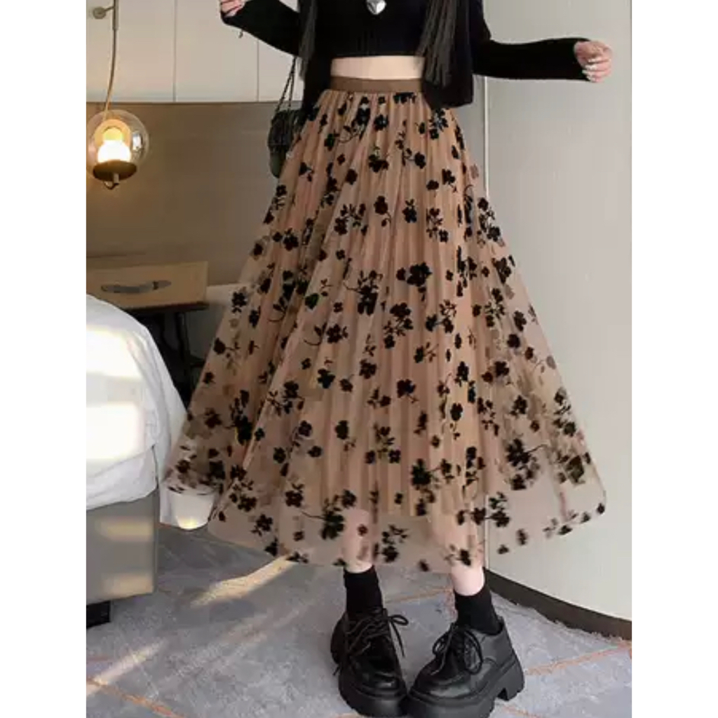 Saia de Tule adulta da moda feminina comprida longa para festa com flores em Oferta na Shopee