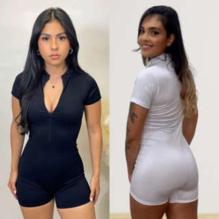 Macaquinho Suplex Moda Gringa Com Ziper Shorts Curto Macacão Liso Feminino Fitness Academia Gringo