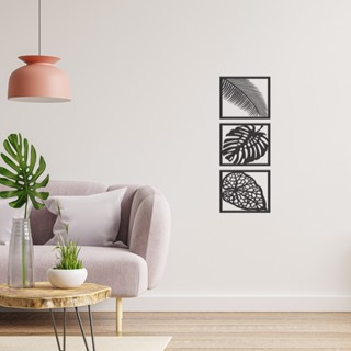 Quadro Decorativo Trio Folhas 3 Peças em MDF Vazado de 3mm Preto PROMO ENVIO IMEDIATO