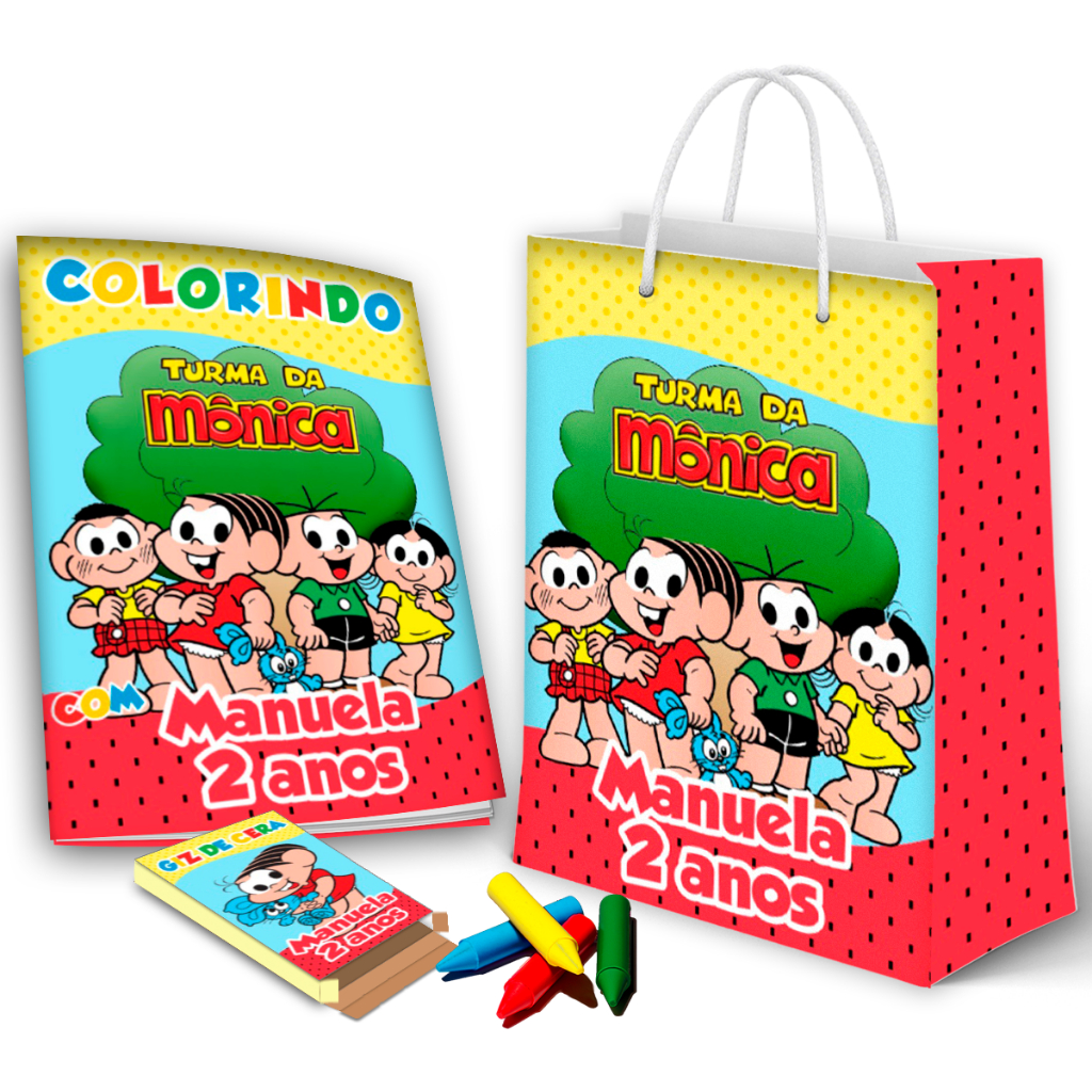 10, 20, 30 ou 40 sacolinha + revistinha de colorir + giz de cera turma da monica kit festa de aniversário (envio rápido)