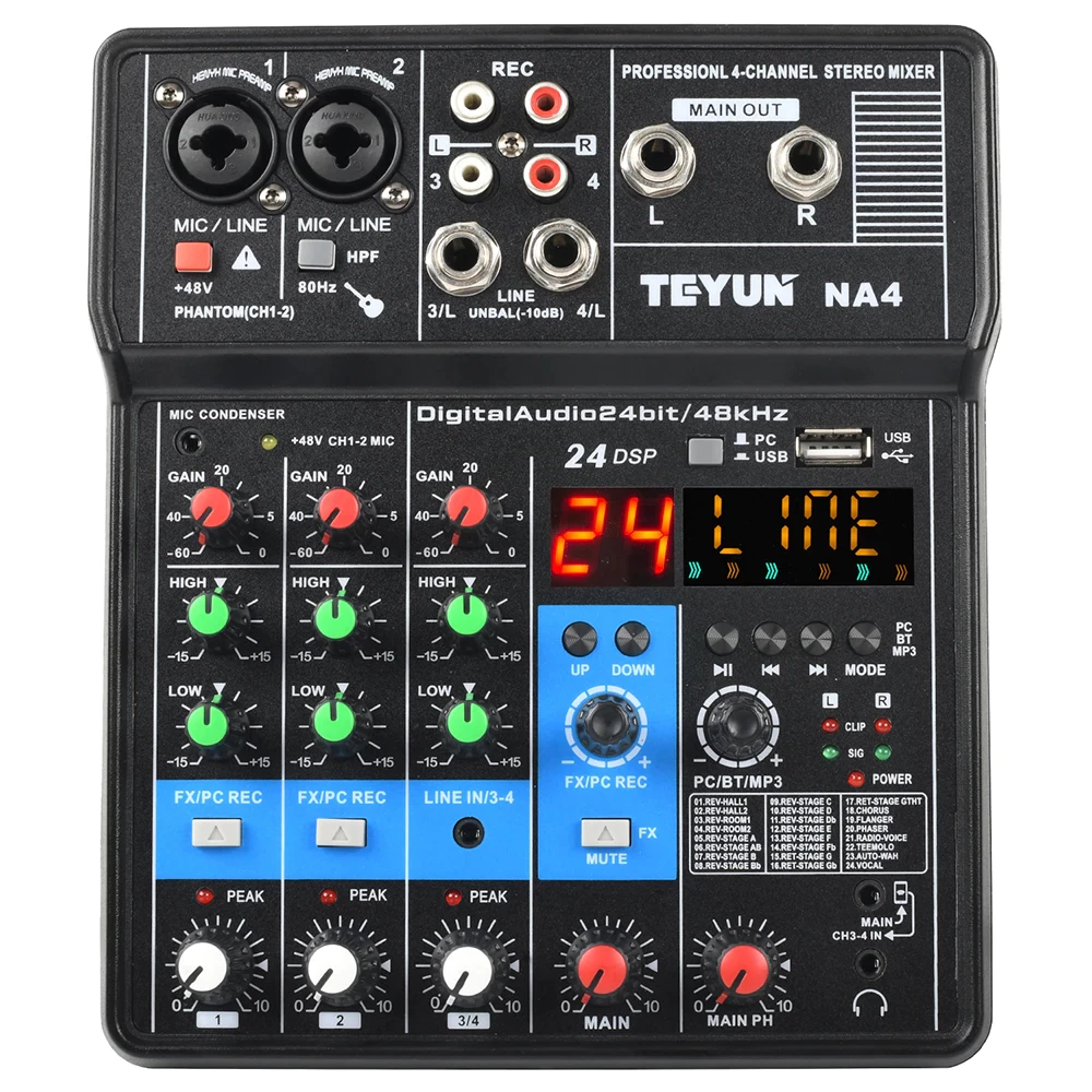 TEYUN-Mini 4-Channel Sound Mixer Console Profissional Mini Placa De Som Gravação Do Computador Entrada USB 48V