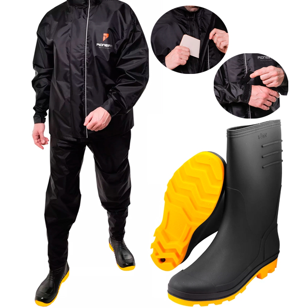 Capa Roupa Chuva Jaqueta Com Bolso Calça Nylon Moto Motoqueiro Motoboy + Botina Galocha Bota Todos Tamanhos Reforçada