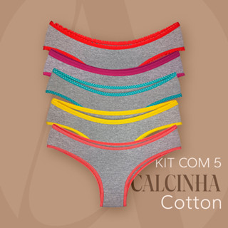 Kit 5 Calcinha Cinza de Cotton 100% Algodão | Conforto Premium | Calcinhas de Qualidade | Com Detalhes Coloridos Delicados Mescla | Envio Imediato Direto da Fábrica