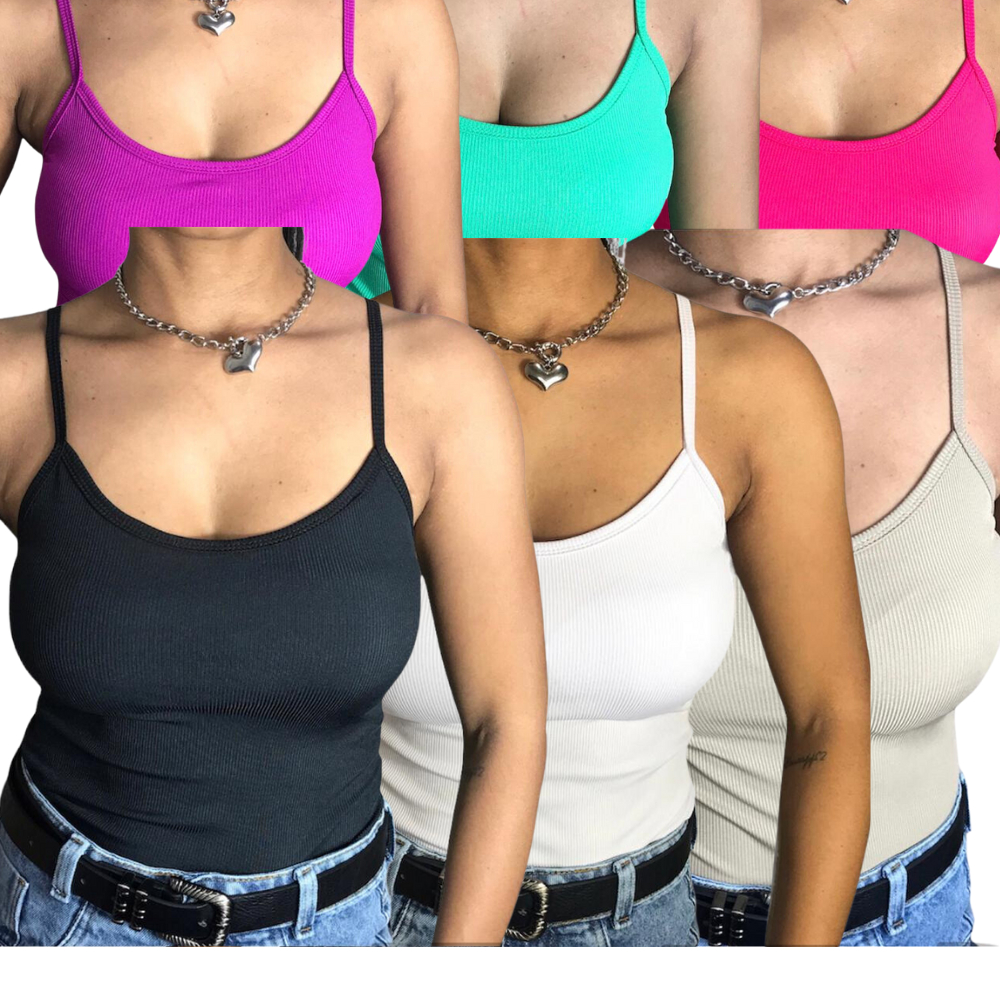 BLUSINHA BLUSA CAMISETA REGATA DE ALCINHA ALÇA  FEMININA BÁSICA LISA TECIDO CANELADO COM BOJO