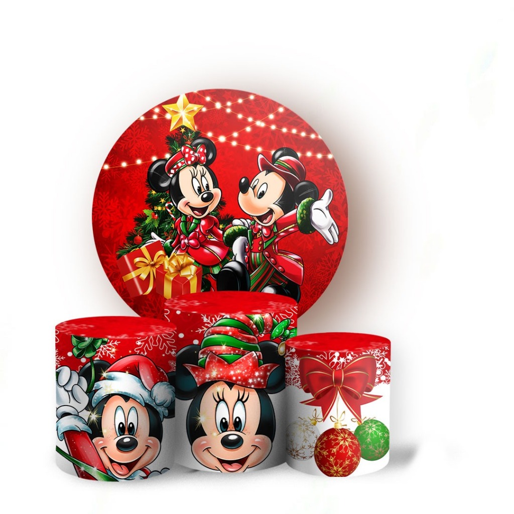 Painel Redondo + Capas Cilindro Tecido Sublimado Natal Mickey