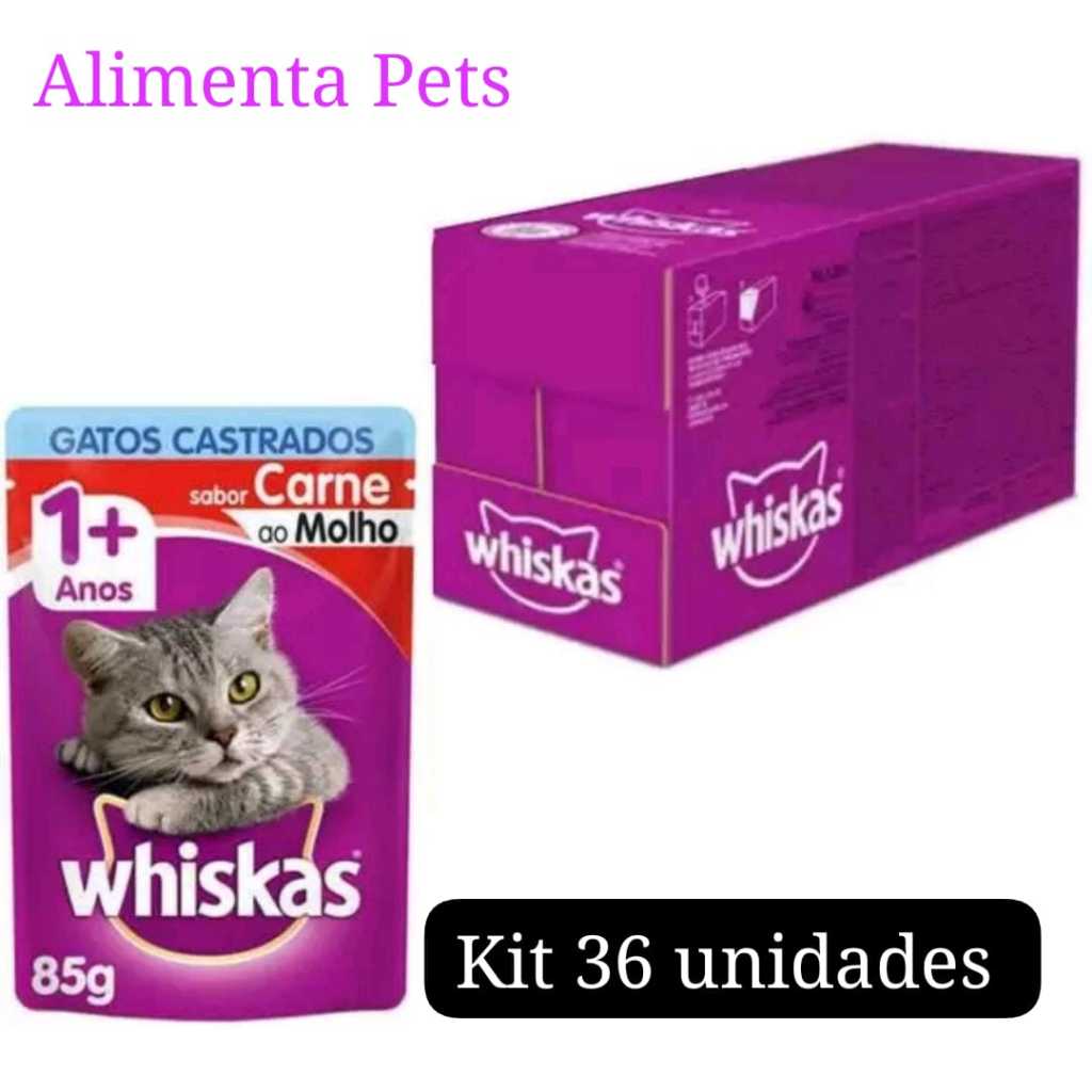 Ração Úmida Whiskas GATOS CASTRADOS Sachê Carne ao Molho 85g KIT COM 36 UNDADES