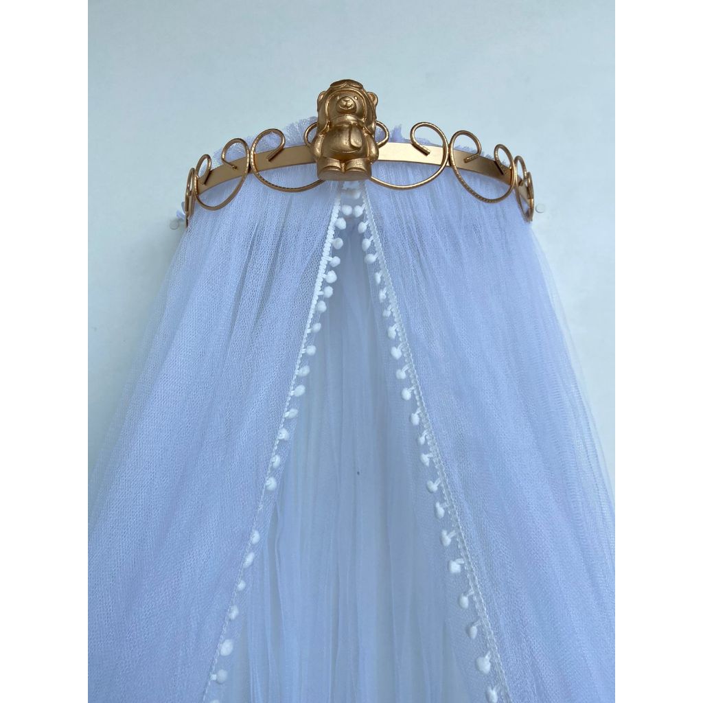 Dossel arabesco Ursinho Aviador Dourado Bebe e Mosquiteiro Enxoval Pompom Berço