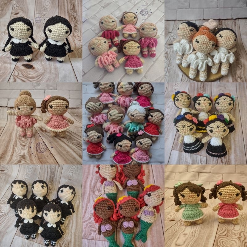Chaveiro Bonequinha, Wandinha, Princesas Bela amigurumi - vários modelos e cores