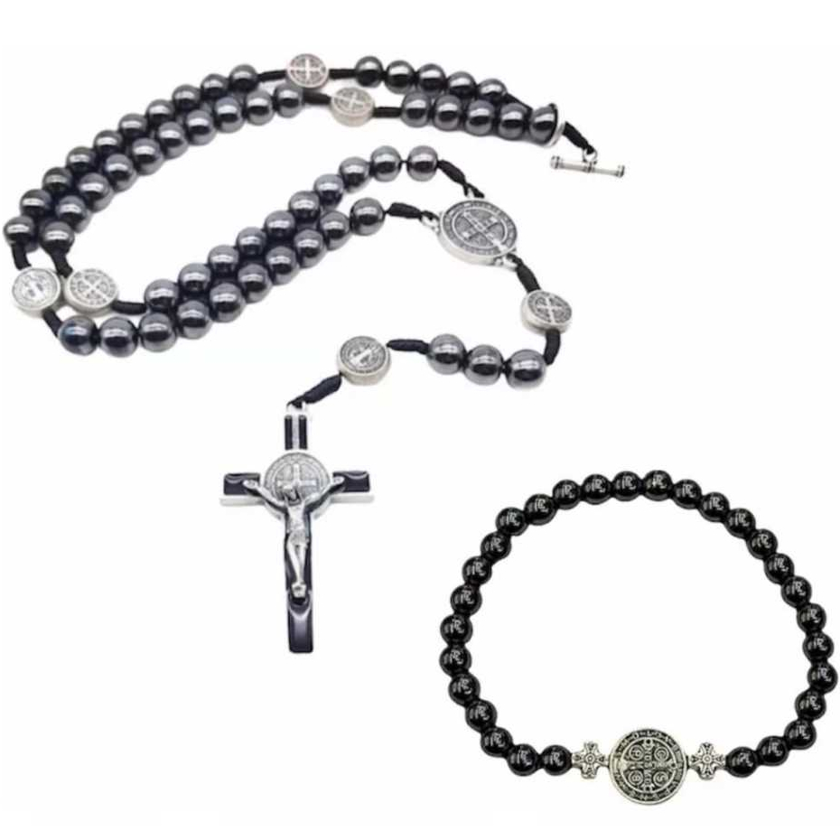 Kit Colar Terço + Pulseira de São Bento Hematita C/Fecho