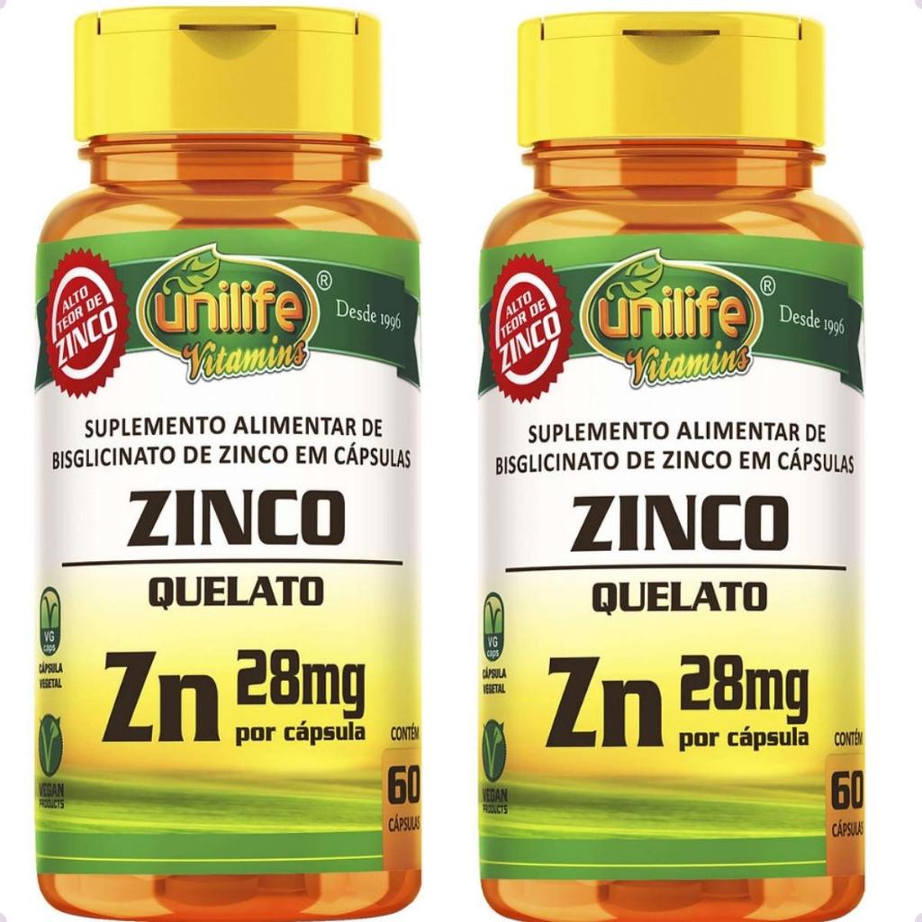 Kit C/ 2 Zinco Quelato 28mg 60 Cp Suplemento Vitaminico Unilife
