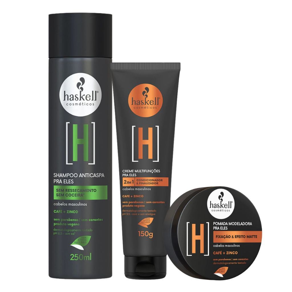Kit H Pra Eles Haskell Shampoo Anticaspa + Creme 2 em 1 + Pomada Cabelos Masculinos Frescor e Brilho