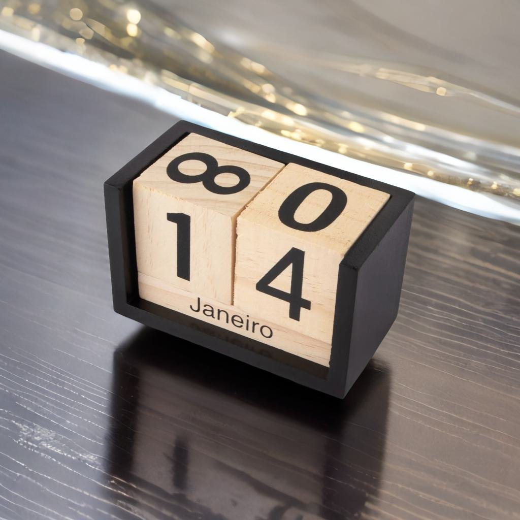 Calendário De Mesa Permanente Cubo Madeira Decorativo Preto e Madeira