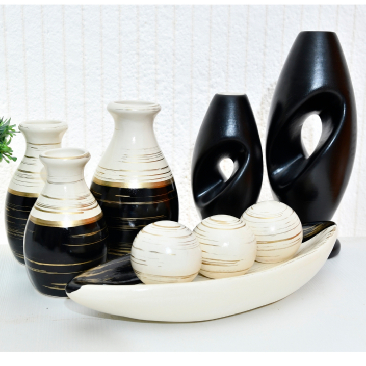 Conjunto 9 Peças Jogo cerâmica Kit Trio Vasos rosa Ceramica Enfeite Decorativo Centro De Mesa Sala enfeite rack centro de mesa banheiro Garrafas Estilizadas Em Cerâmica Decoração para sala de estar jarro combina com suas plantas e flores