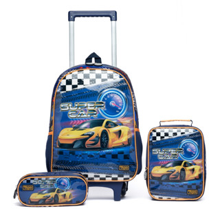 Mochila Infantil de Rodinhas Menino Carros Escolar C/ Lancheira Estojo
