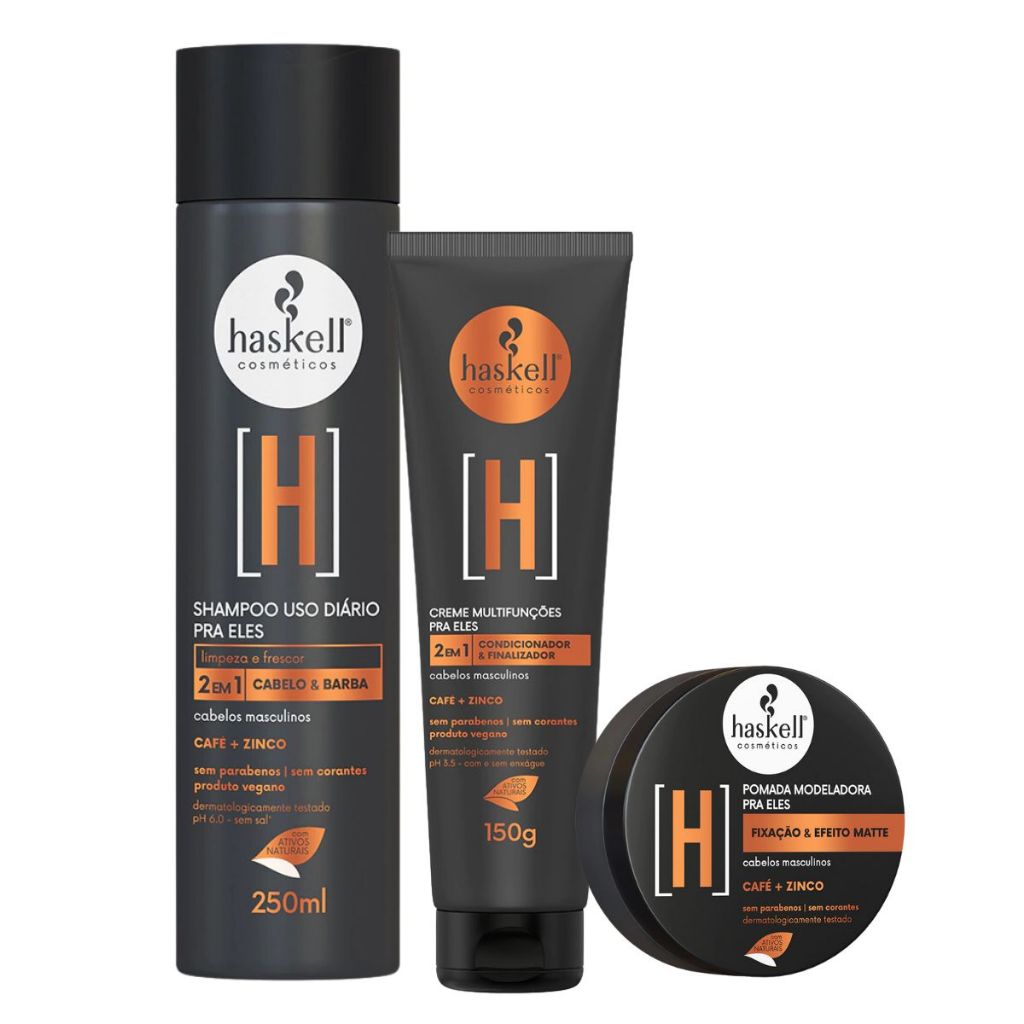 Kit H Pra Eles Haskell Shampoo  + Creme 2 em 1 Condicionador e Finalizador e Pomada Modeladora