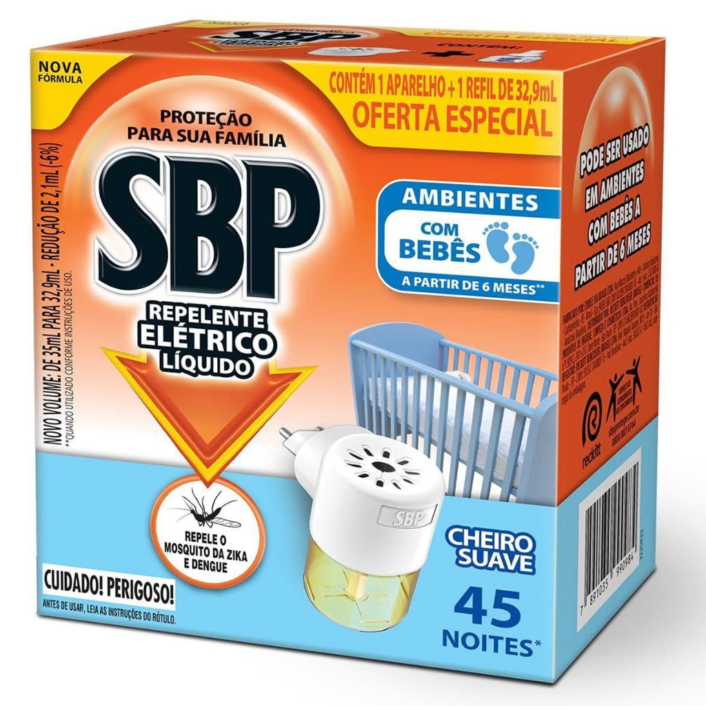 Repelente Elétrico Líquido SBP 45 Noites Cheiro Suave 1 Aparelho + 1 Refil de 32,9 ml