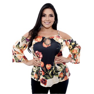 Blusa Feminina Plus Size Luxo Bata Estampa Exclusiva Com Bordado Malha Premium 218