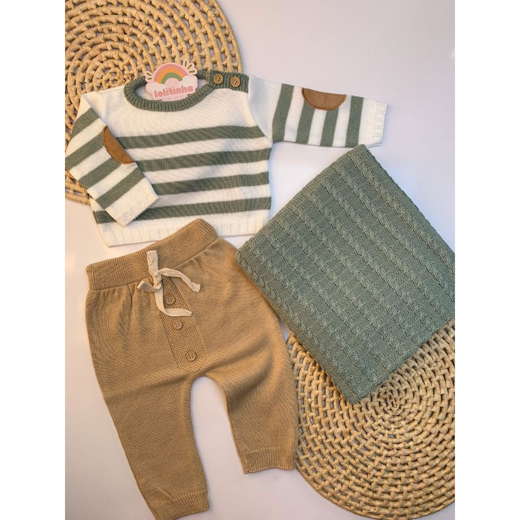 Kit Conjunto Saída Maternidade Tricô Bebê Menino Recém Nascido RN