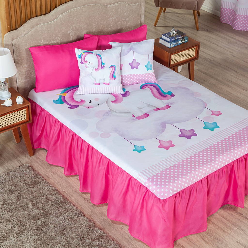 Kit Colcha Cobre Leito Infantil Casal 7 Peças Unicórnio - Decoração Quarto de Menina em Oferta na Shopee