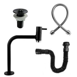 Kit Torneira de Banheiro Lavatório Cuba Link 3030 Metal Preta + Engate 50 cm + Valvula 7/8 + Sifão Black PRETO Cód. 2117