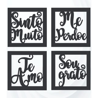 KIt com 4 Quadros Hoponopono 20x20 cm Sinto Muito Me Perdoe Te Amo 3mm Pintura Laca Jateado Preto Premium c/ Dupla Face