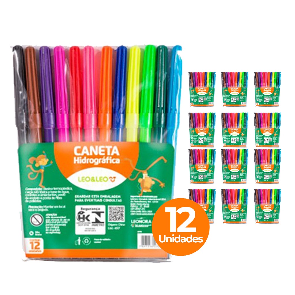 Kit Com 12 Pacotes De Estojos com 12 Canetinha Hidrográfica Leo Leo 6 ou 12 unidades em Oferta na Shopee