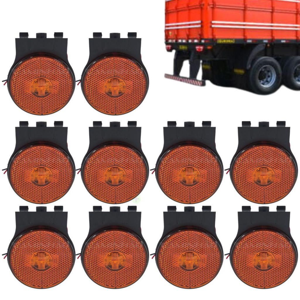 Kit 10 Lanternas Lateral Carreta LED Guerra Âmbar Laranja 65mm com Suporte com Fio 12V 24V
