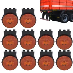 Kit 10 Lanternas Lateral Carreta LED Guerra Âmbar Laranja 65mm com Suporte com Fio 12V 24V