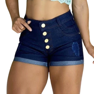 Short jeans de Lycra perna virada, escuro com 4 botões.