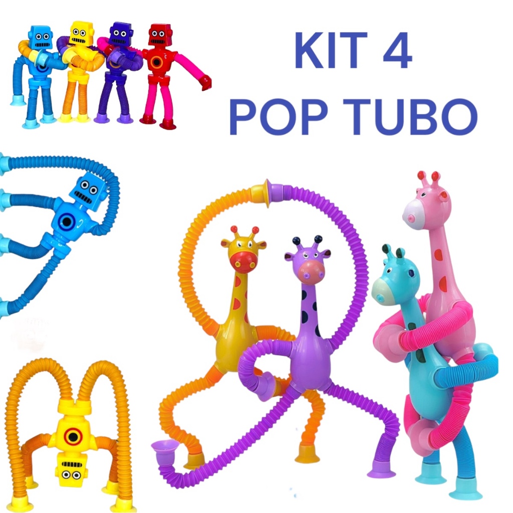 Kit 4 Pop Tubo Estica e gruda com Led Girafa Melman Brinquedo com Ventosa Infantil Sensorial Tik tok fidget toys