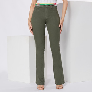 Calça Feminina Flare Sawary Boca de Sino Barra Larga Bootcut Original Premium Moda Feminina Roupas Bonita Verde Militar