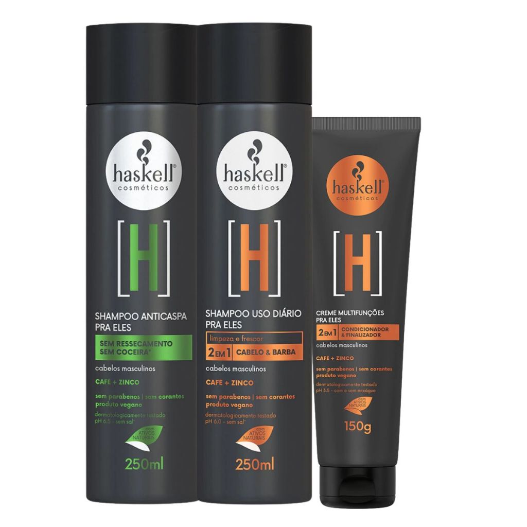 Kit H Pra Ele Haskell Shampoo Cabelo e Barba + Shampoo Anticaspa e Creme 2em1 Condiciona e Finaliza