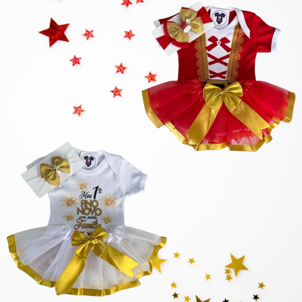 Body Bebê Menina - Mamãe Noel e Ano Novo + Laço + Tule LUXO - Kit 2 Conjuntos