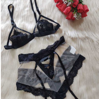 Conjunto Lingerie Sensual Transparente de Renda Sem Bojo