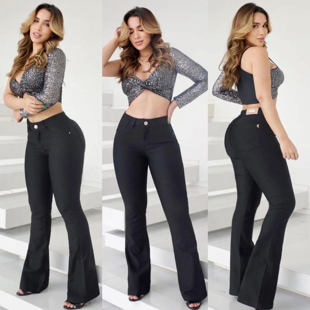 Calça Flare preta com modelagem levanta bumbum