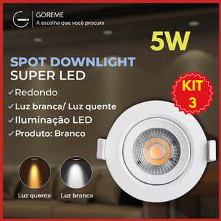 Kit 3 Luminária Spot Led Redondo Direcionável 5W Embutir Gesso Teto | Branco Frio 6500K | Branco Quente 3000K Bivolt em Oferta na Shopee