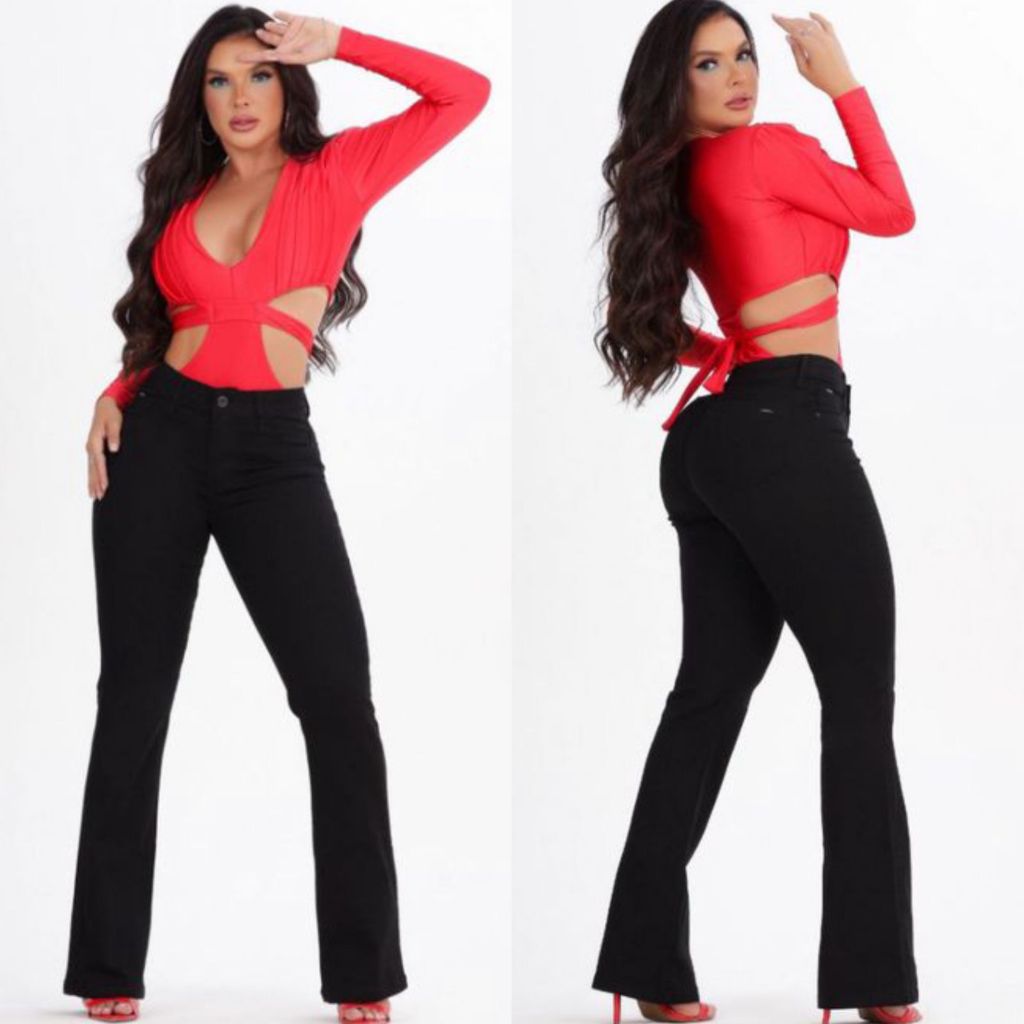Calça Flare preta Jeans Feminina Com Lycra Modelagem levanta bumbum em Oferta na Shopee