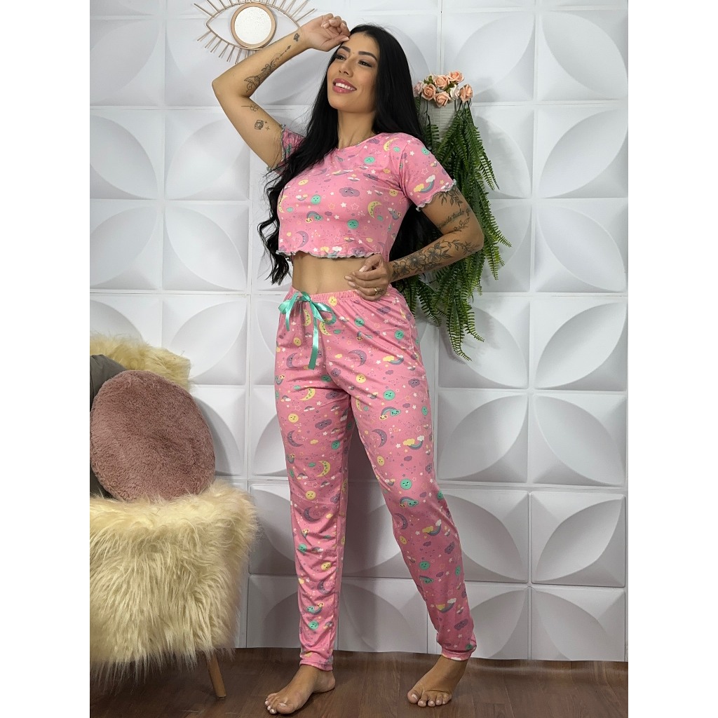 Pijama Feminino Adulto Ondinha Cropped Calça Longa Estampado Suede Roupa de Dormir