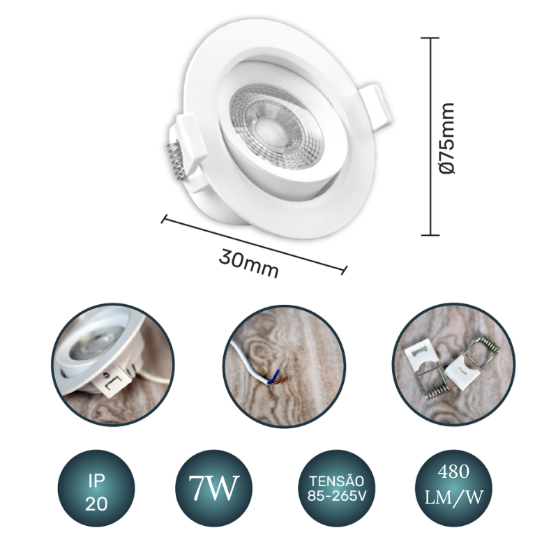 Detalhes do Kit 5 Luminária Spot Led Redondo Direcionável 7W Embutir Gesso Teto | Branco Frio 6500K | Branco Quente 3000K Bivolt